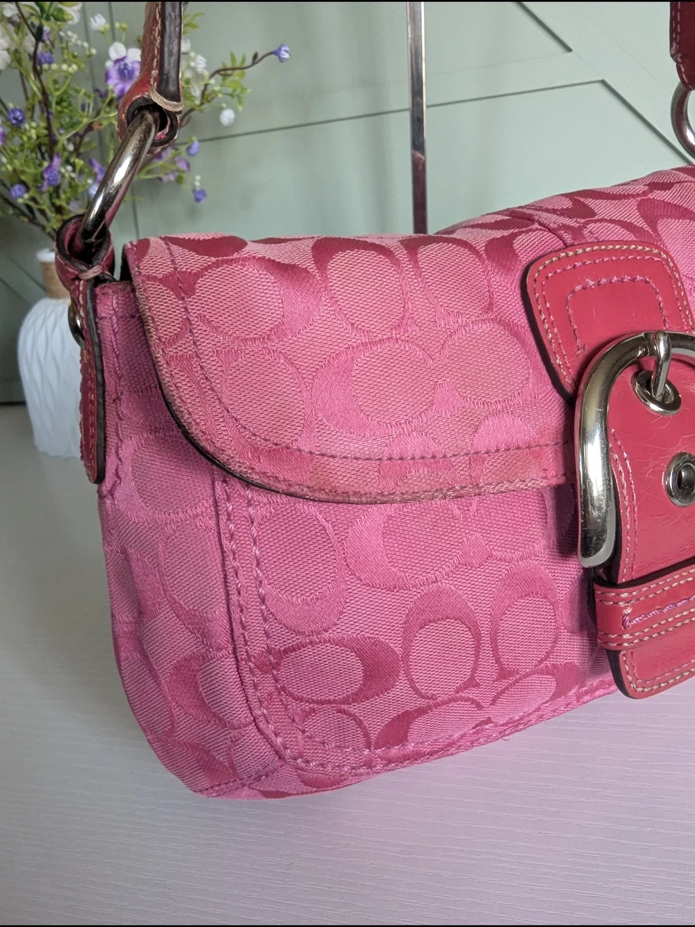 Coach Pink Signature Shoulder Bag with Buckle and Charm